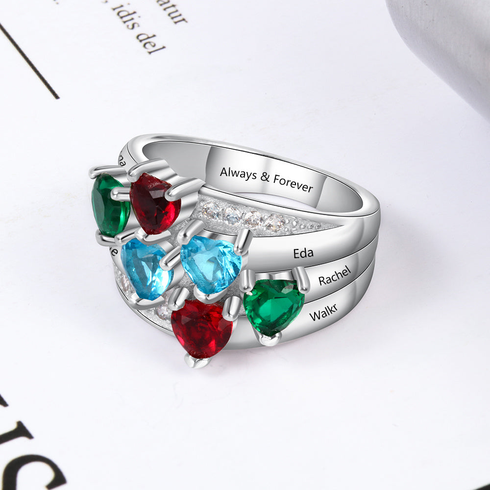 ThinkEngraved Mother's Ring Personalized Mothers Ring 6 Heart Birthstones and 6 Engraved Names