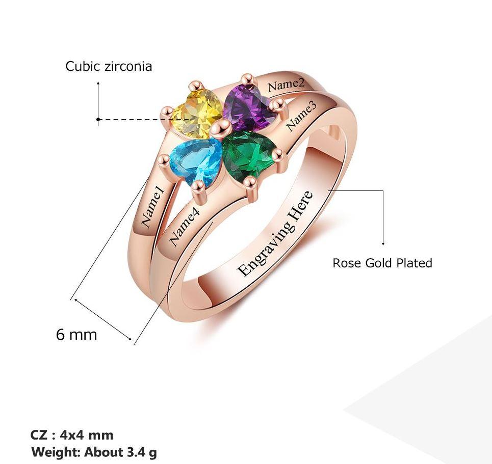 ThinkEngraved Mother's Ring Personalized Rose Gold Mother's Ring 4 Birthstones Circled Hearts 4 Names