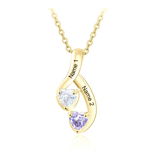 ThinkEngraved mothers necklace 14k gold over sterling silver Personalized 2 Heart Stone Mother's Necklace Hanging Hearts 2 Engraved Names