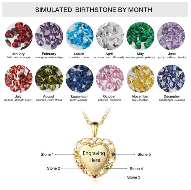 ThinkEngraved mothers necklace 14k gold over sterling silver Personalized 5 Birthstone Mother's Necklace Engraved Heart Pendant