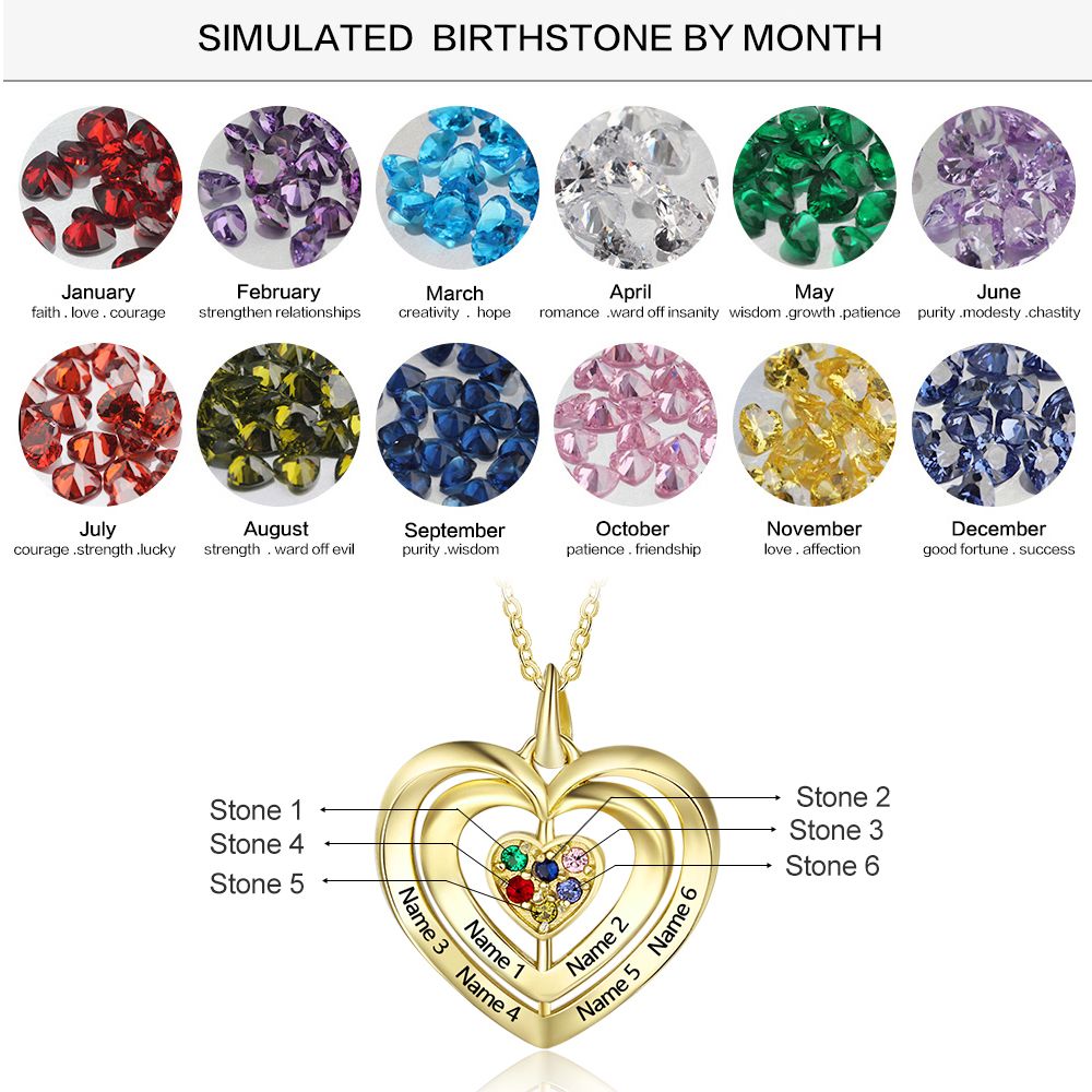 ThinkEngraved mothers necklace 14k gold over sterling silver Personalized 6 Stone Mother's Ring Triple Hearts Pendant 6 Engraved Names