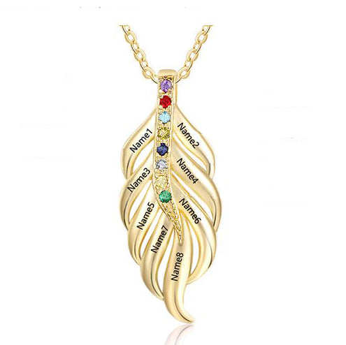 ThinkEngraved mothers necklace 14k gold over sterling silver Personalized 8 Stone Mother's Necklace Feather Design 8 Engraved Names