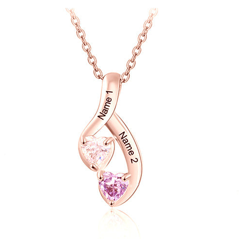 ThinkEngraved mothers necklace 14k rose gold over sterling silver Personalized 2 Heart Stone Mother's Necklace Hanging Hearts 2 Engraved Names