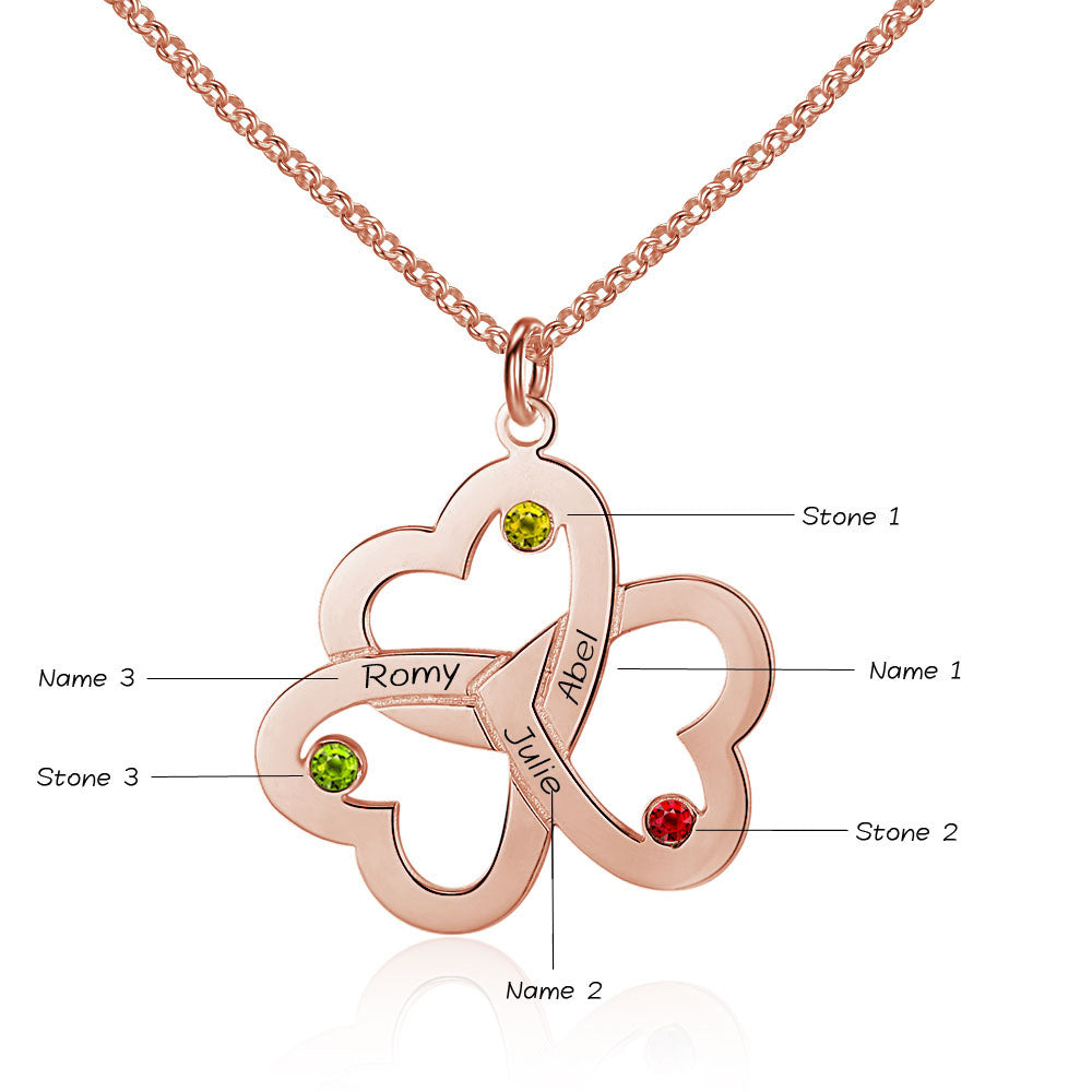 ThinkEngraved mothers necklace 14k rose gold over sterling silver Personalized 3 Birthstone Mother's Ring Heart Clover 3 Engraved Names