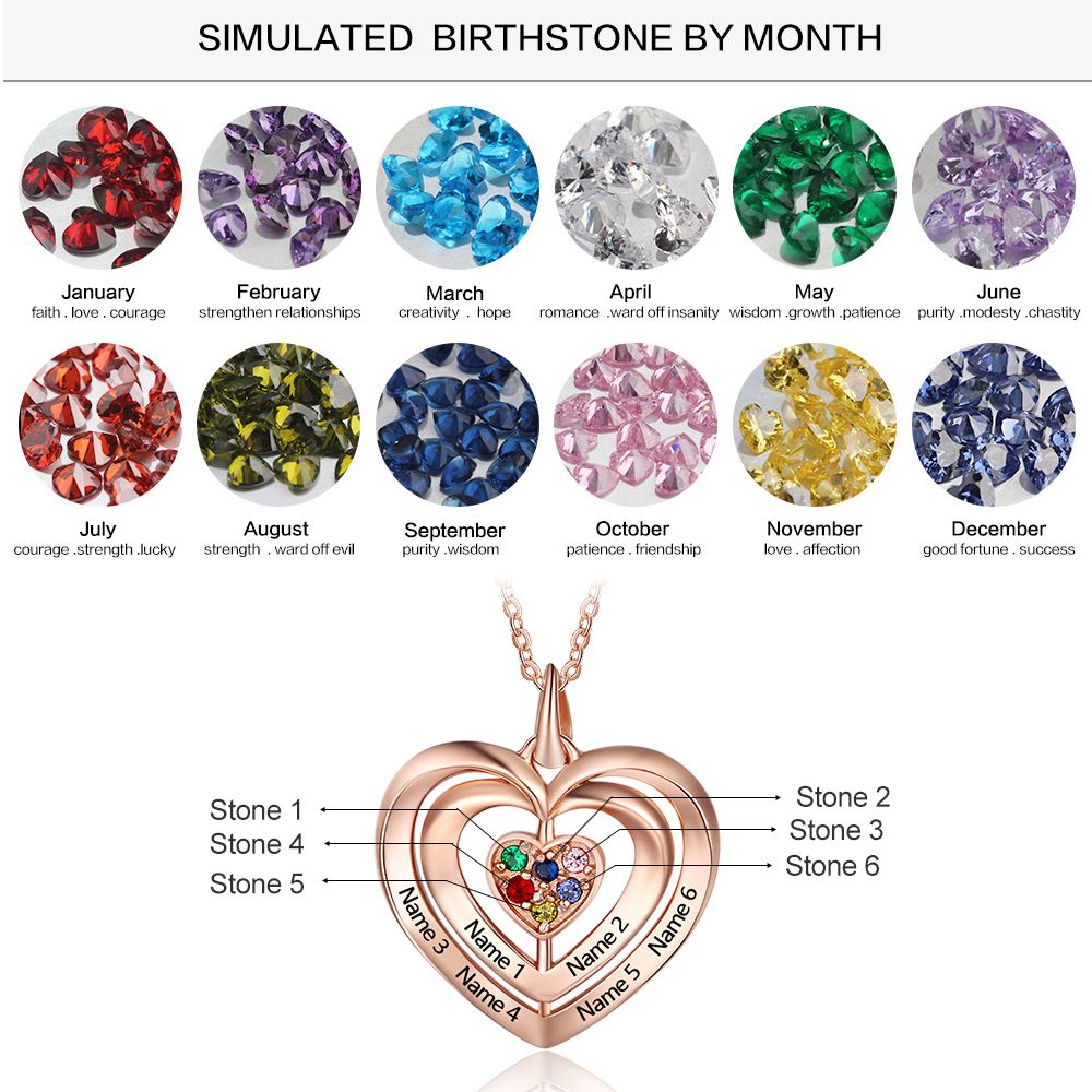 ThinkEngraved mothers necklace 14k rose gold over sterling silver Personalized 6 Stone Mother's Ring Triple Hearts Pendant 6 Engraved Names