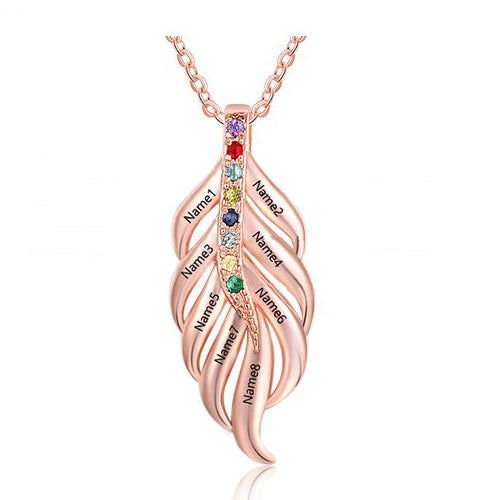 ThinkEngraved mothers necklace 14k rose gold over sterling silver Personalized 8 Stone Mother's Necklace Feather Design 8 Engraved Names