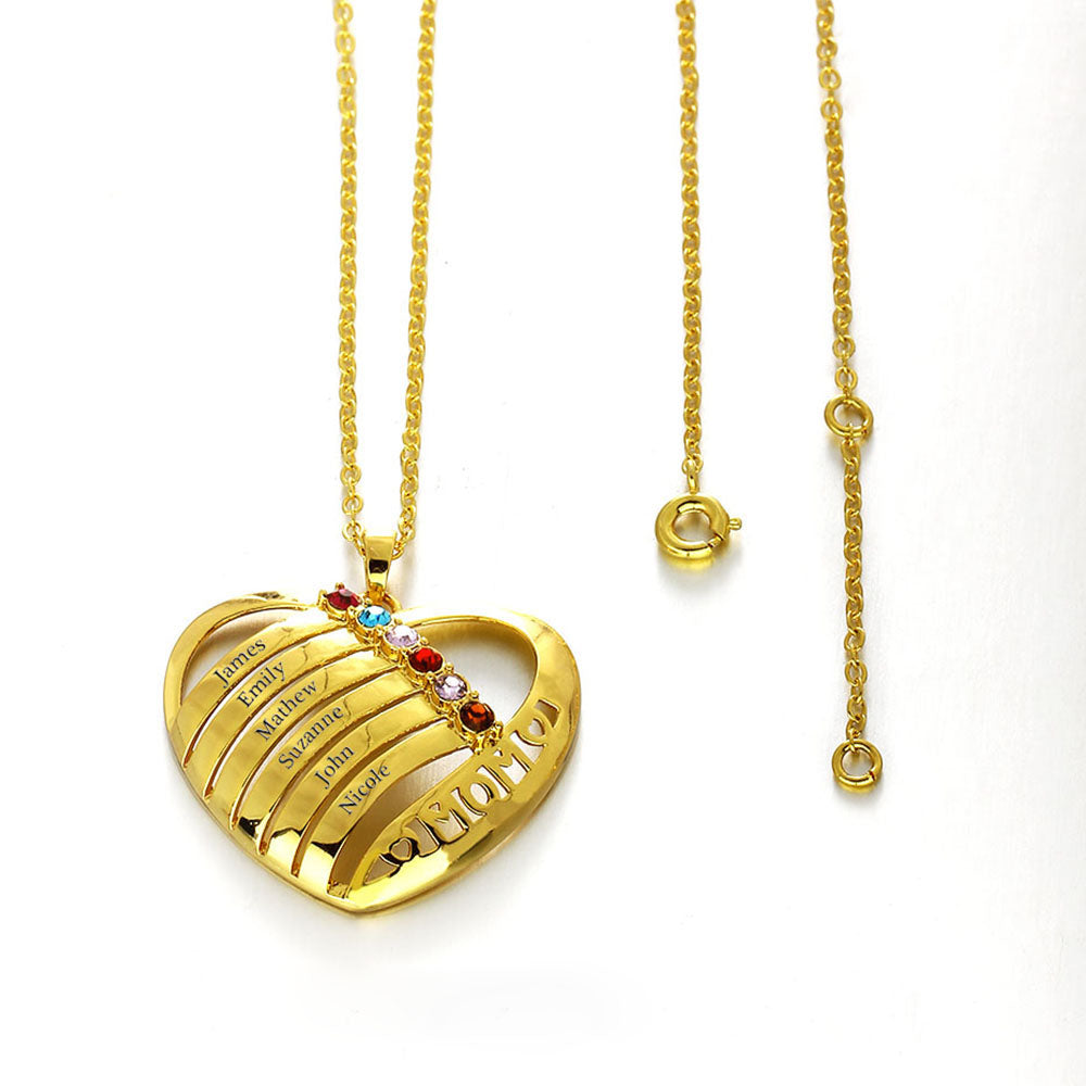 ThinkEngraved mothers necklace 6 Birthstone Gold Mother's Necklace In Mom's Heart Pendant 6 Names