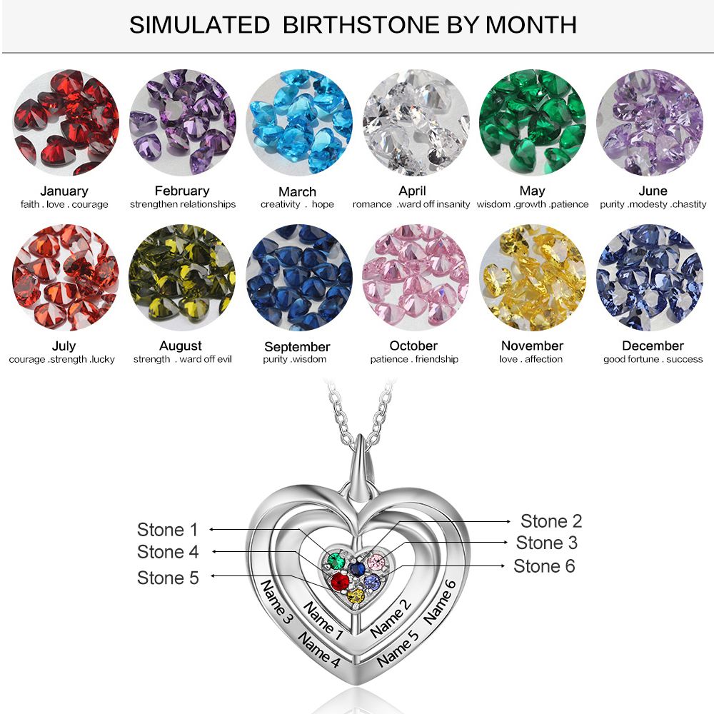 ThinkEngraved mothers necklace .925 sterling silver Personalized 6 Stone Mother's Ring Triple Hearts Pendant 6 Engraved Names