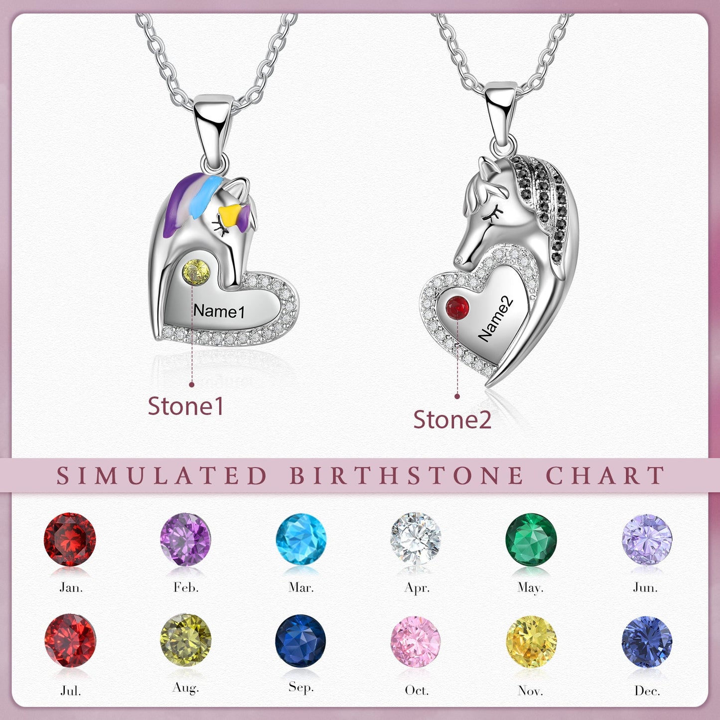 ThinkEngraved mothers necklace Custom Mother Daughter Birthstones and Names Matching Unicorn Necklace Set