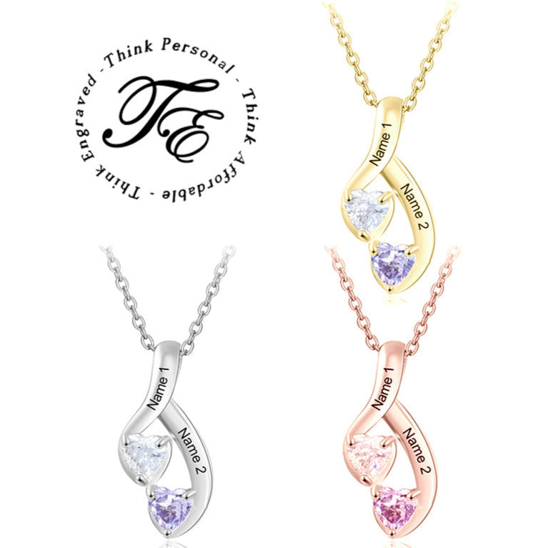 ThinkEngraved mothers necklace Personalized 2 Heart Stone Mother's Necklace Hanging Hearts 2 Engraved Names