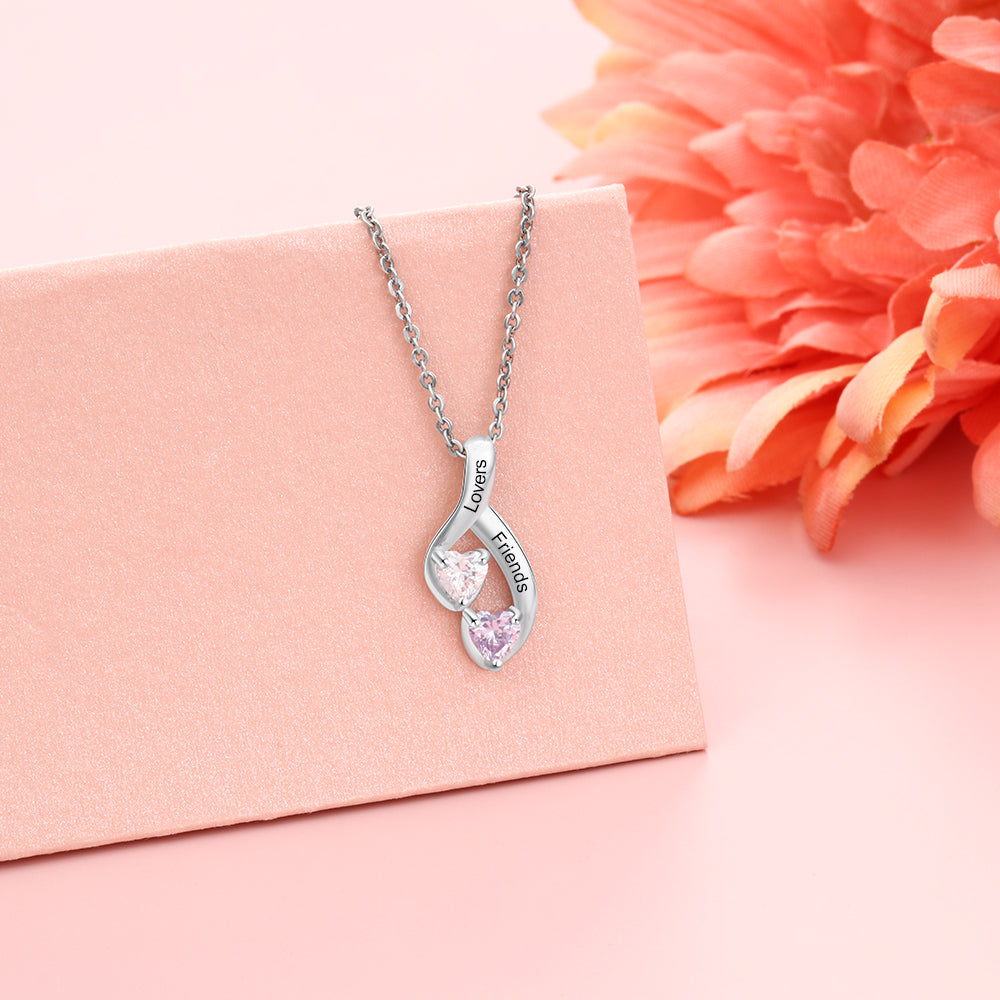 ThinkEngraved mothers necklace Personalized 2 Heart Stone Mother's Necklace Hanging Hearts 2 Engraved Names