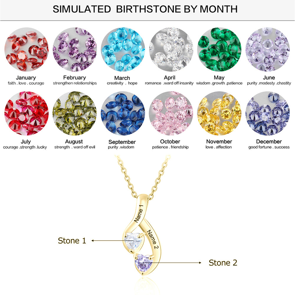 ThinkEngraved mothers necklace Personalized 2 Heart Stone Mother's Necklace Hanging Hearts 2 Engraved Names