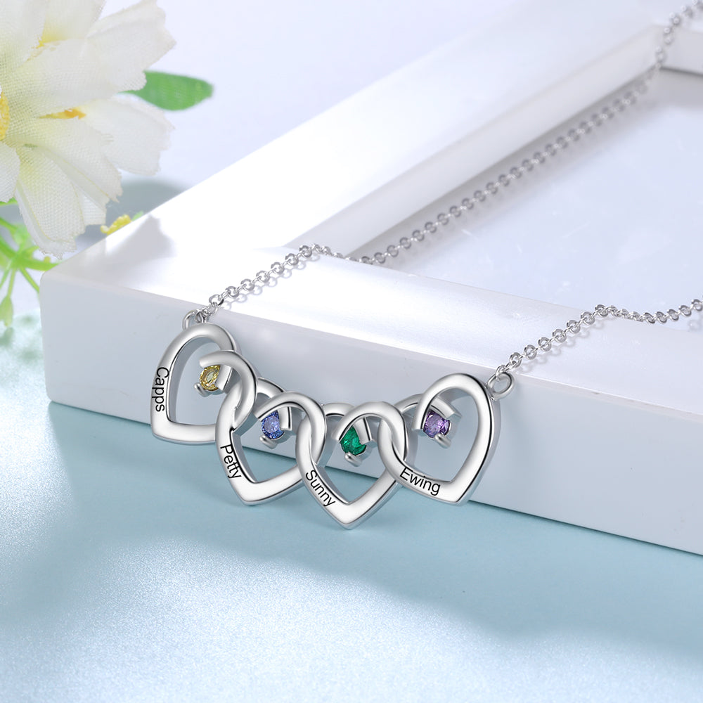 ThinkEngraved mothers necklace Personalized 4 Hearts Mother's Necklace 4 Stone 4 Engraved Names