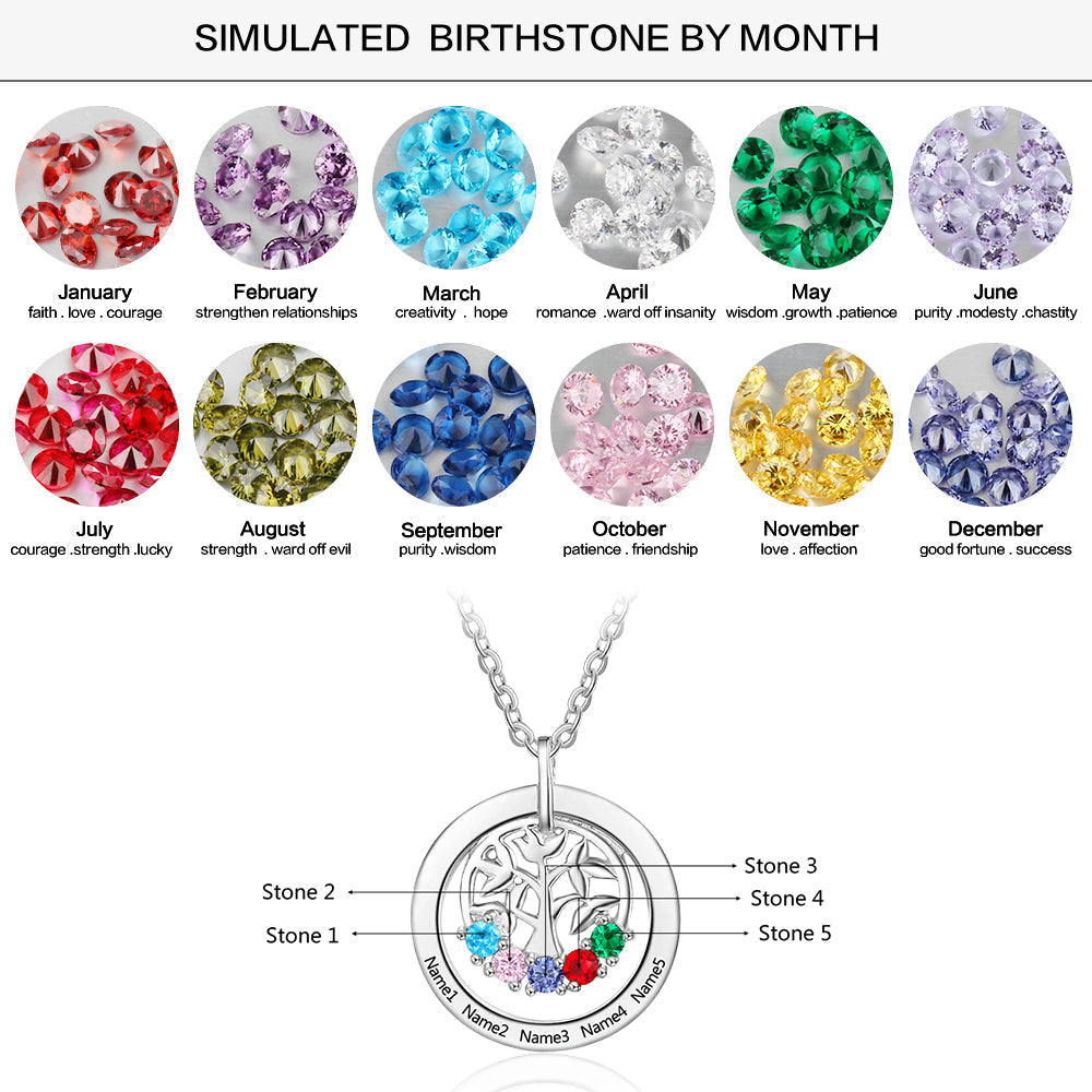ThinkEngraved mothers necklace Personalized 5 Birthstone Family Tree Mother's Necklace 5 Engraved Names