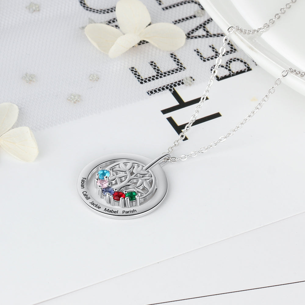 ThinkEngraved mothers necklace Personalized 5 Birthstone Family Tree Mother's Necklace 5 Engraved Names
