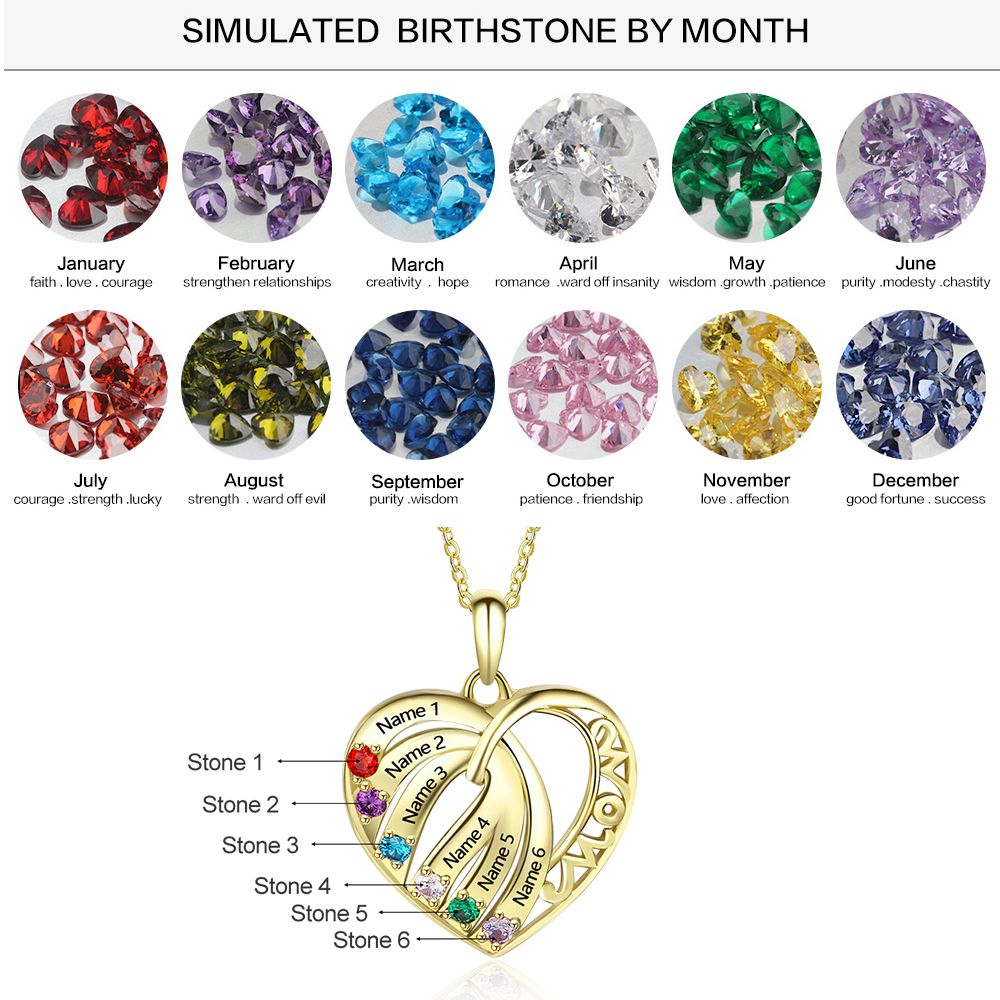 ThinkEngraved mothers necklace Personalized 6 Stone Mother's Necklace MOM Heart Pendant 6 Names