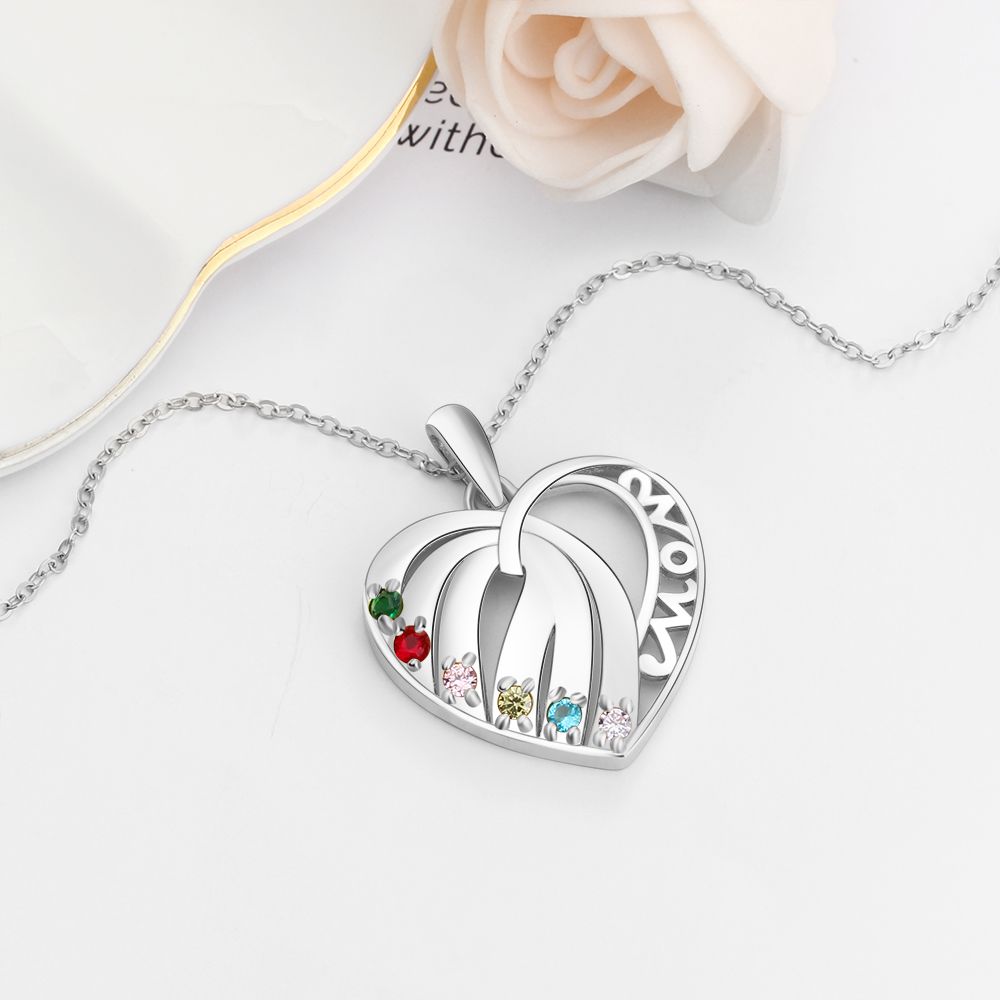 ThinkEngraved mothers necklace Personalized 6 Stone Mother's Necklace MOM Heart Pendant 6 Names