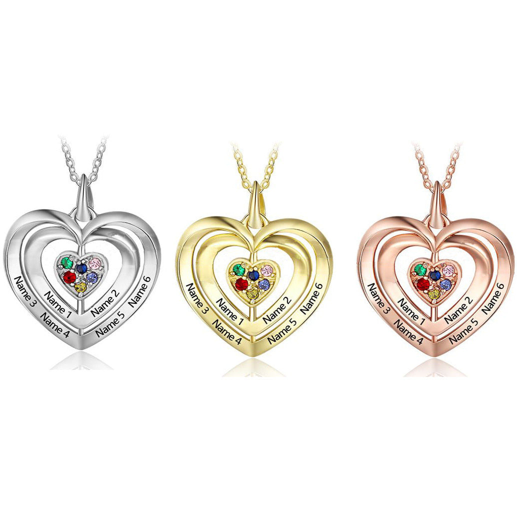 ThinkEngraved mothers necklace Personalized 6 Stone Mother's Ring Triple Hearts Pendant 6 Engraved Names