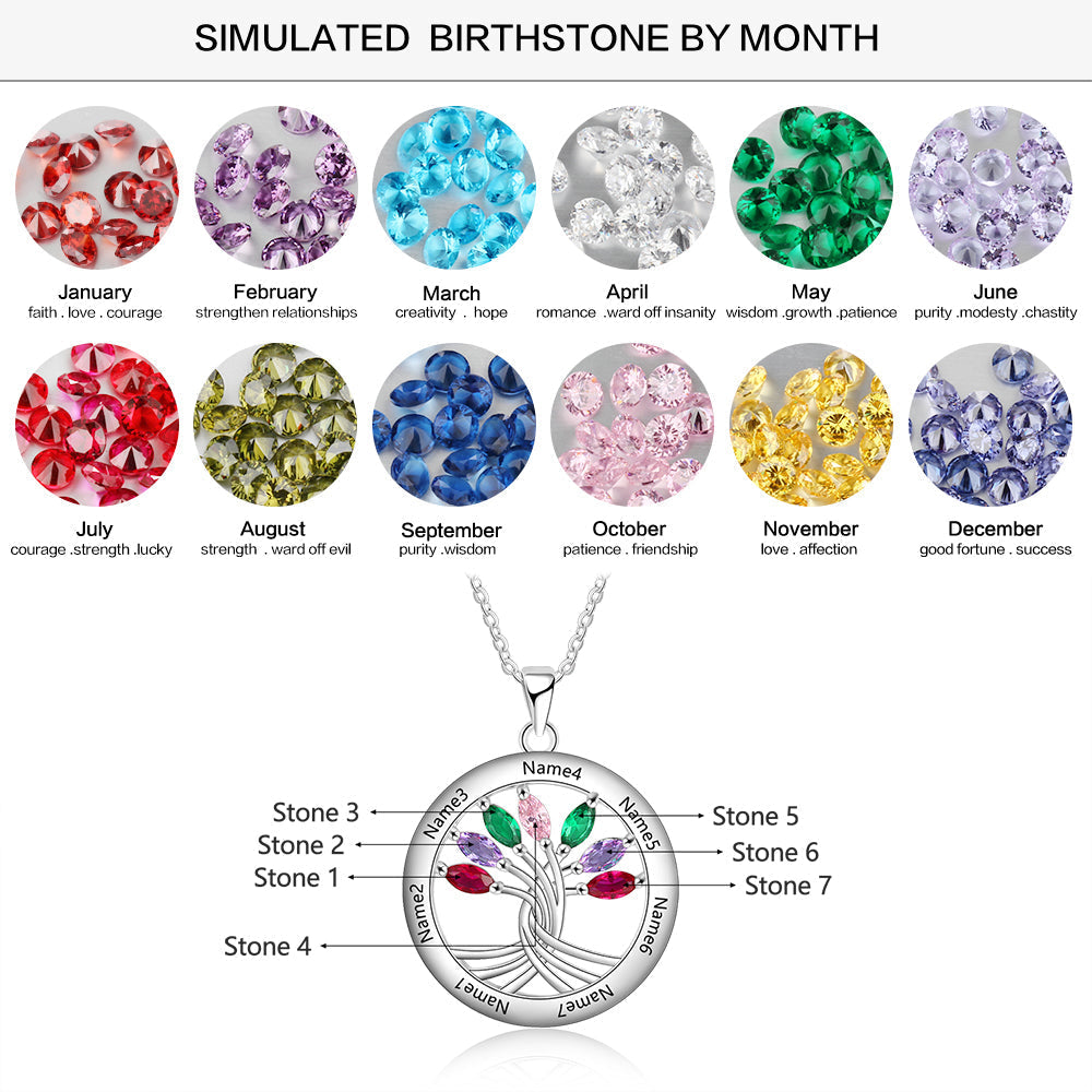 ThinkEngraved mothers necklace Personalized 7 Birthstone Mother's Necklace Family Tree Necklace 7 Names