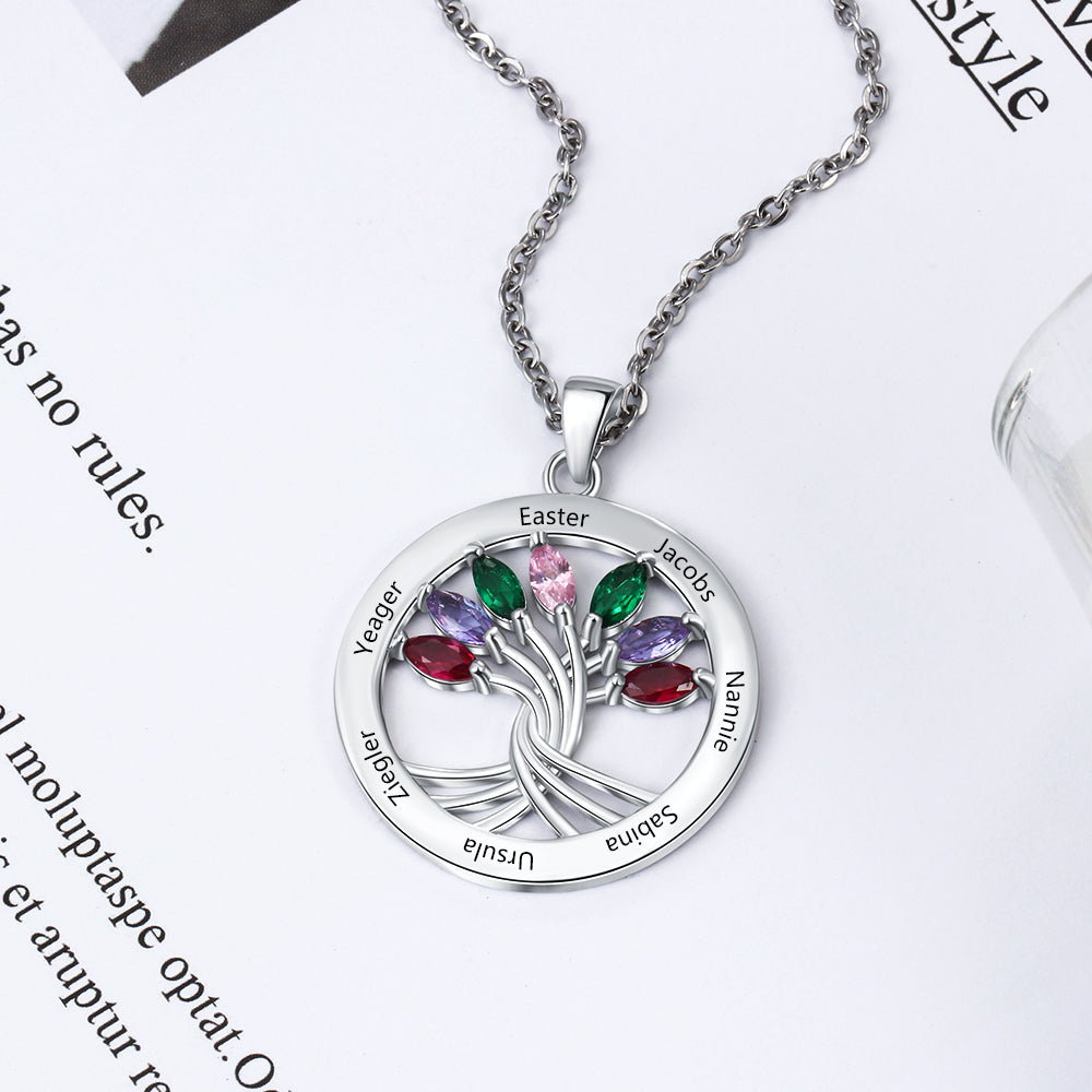 ThinkEngraved mothers necklace Personalized 7 Birthstone Mother's Necklace Family Tree Necklace 7 Names
