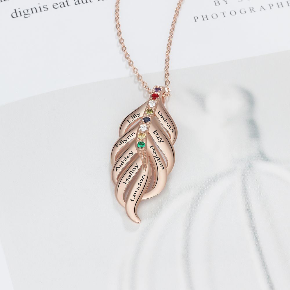 ThinkEngraved mothers necklace Personalized 8 Stone Mother's Necklace Feather Design 8 Engraved Names