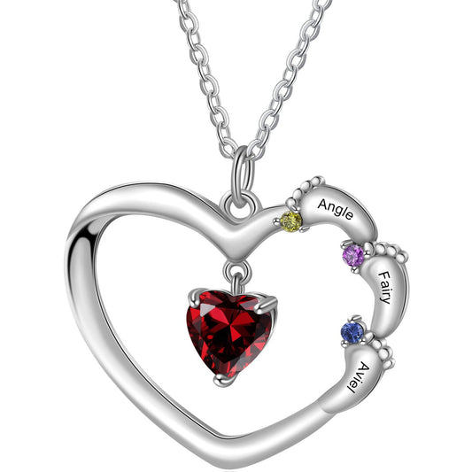 ThinkEngraved mothers necklace Personalized Mother's Necklace Heart and Baby Feet 4 Birthstone 3 Names Dangle Gem