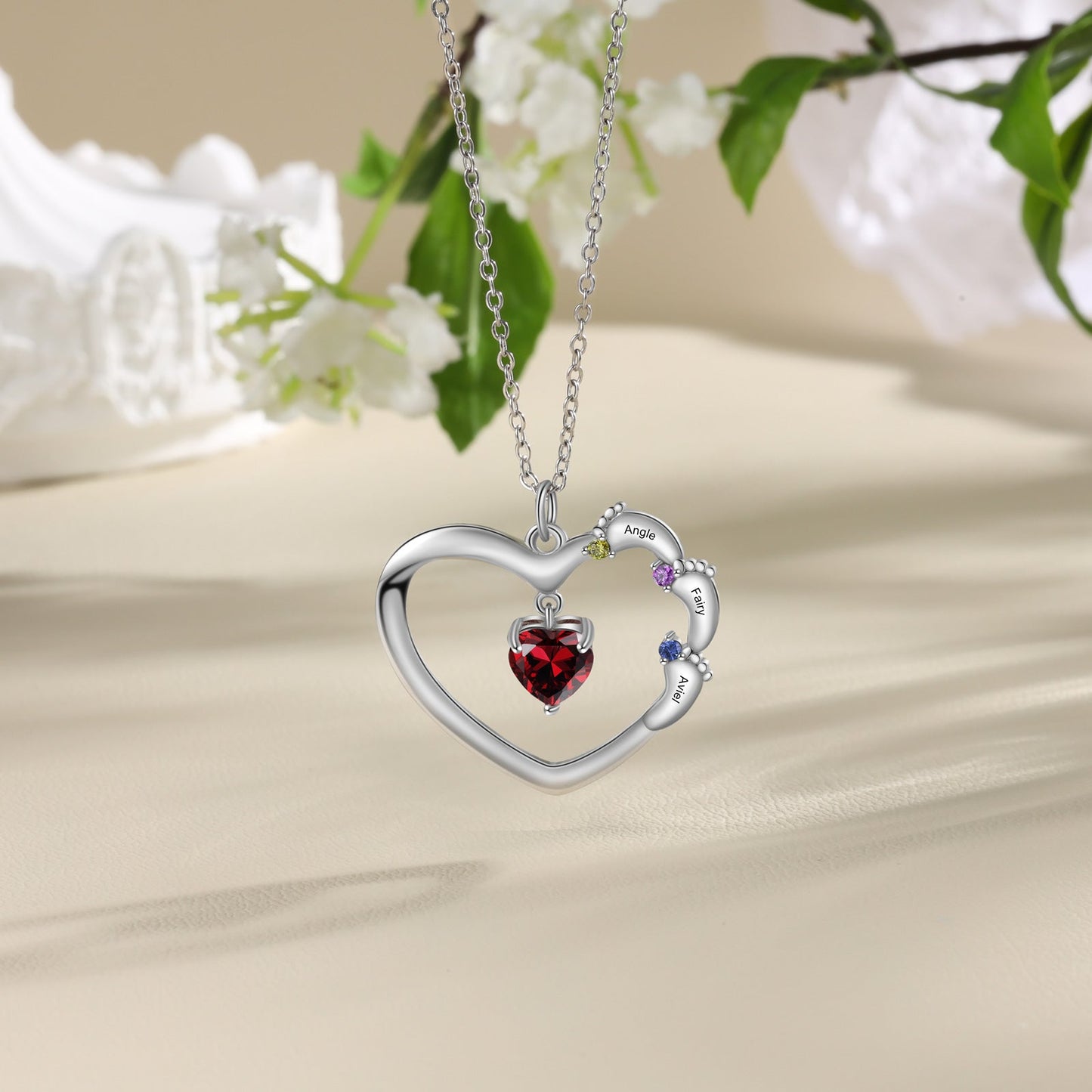 ThinkEngraved mothers necklace Personalized Mother's Necklace Heart and Baby Feet 4 Birthstone 3 Names Dangle Gem