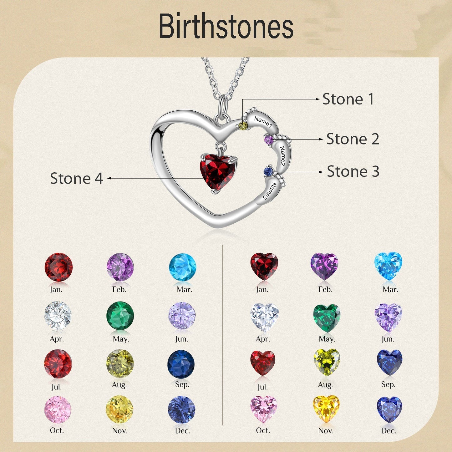 ThinkEngraved mothers necklace Personalized Mother's Necklace Heart and Baby Feet 4 Birthstone 3 Names Dangle Gem
