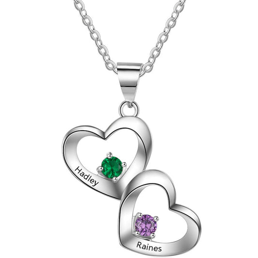 ThinkEngraved mothers necklace Personalized Mother's Ring 2 Birthstones 2 Hearts 2 Engraved Names