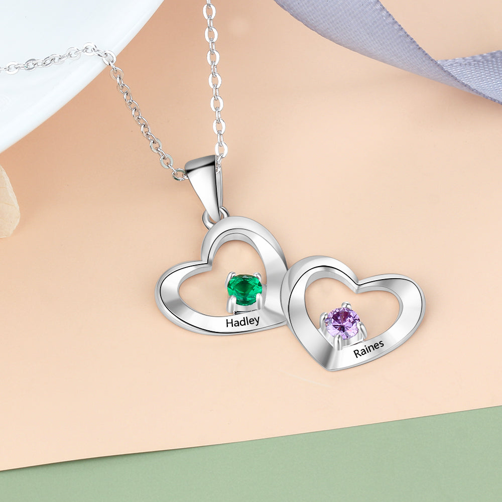 ThinkEngraved mothers necklace Personalized Mother's Ring 2 Birthstones 2 Hearts 2 Engraved Names