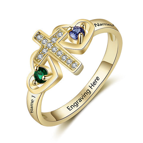 ThinkEngraved Peronalized Ring 5 / 18k Gold Over Silver Custom Engraved Name and 2 Birthstone Cross Mother's Ring .925 Sterling Silver