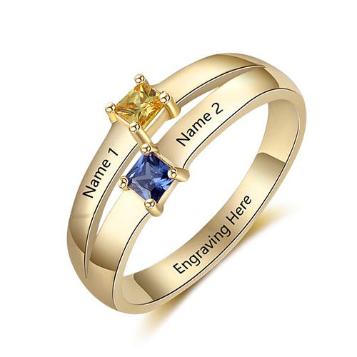 ThinkEngraved Peronalized Ring 6 / 14k Gold over Sterling Silver Personalized Mother's Ring 2 Birthstones Pillow Cut 2 Engraved Names