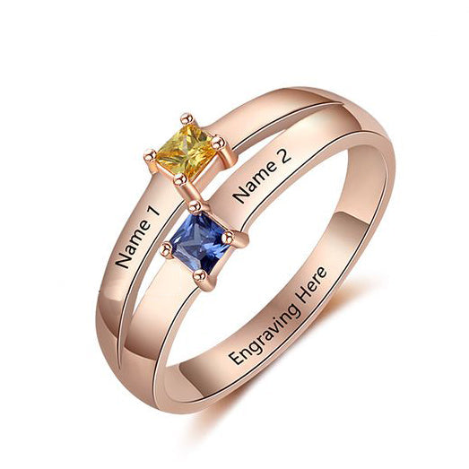 ThinkEngraved Peronalized Ring 6 / 14k Rose Gold over Sterling Silver Personalized Mother's Ring 2 Birthstones Pillow Cut 2 Engraved Names