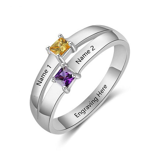 ThinkEngraved Peronalized Ring 6 / .925 Sterling Silver Personalized Mother's Ring 2 Birthstones Pillow Cut 2 Engraved Names