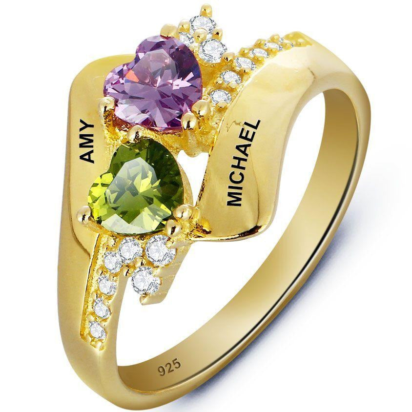 ThinkEngraved Peronalized Ring 6 Personalized 2 Birthstone Gold Mothers Ring - Classic Heart Birthstones 2 Names