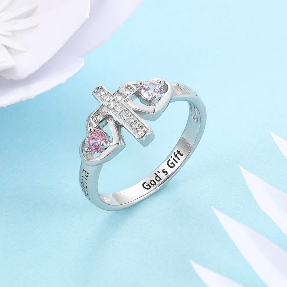 ThinkEngraved Peronalized Ring Custom Engraved Name and 2 Birthstone Cross Mother's Ring .925 Sterling Silver
