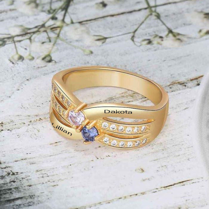 ThinkEngraved Peronalized Ring Gold Mother's Ring 2 Birthstones X-Band 2 Engraved Names Paved Gems