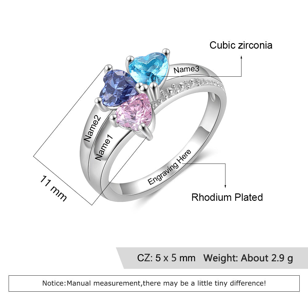 ThinkEngraved Peronalized Ring Mother's Ring 3 Heart Birthstones and 3 Engraved Names
