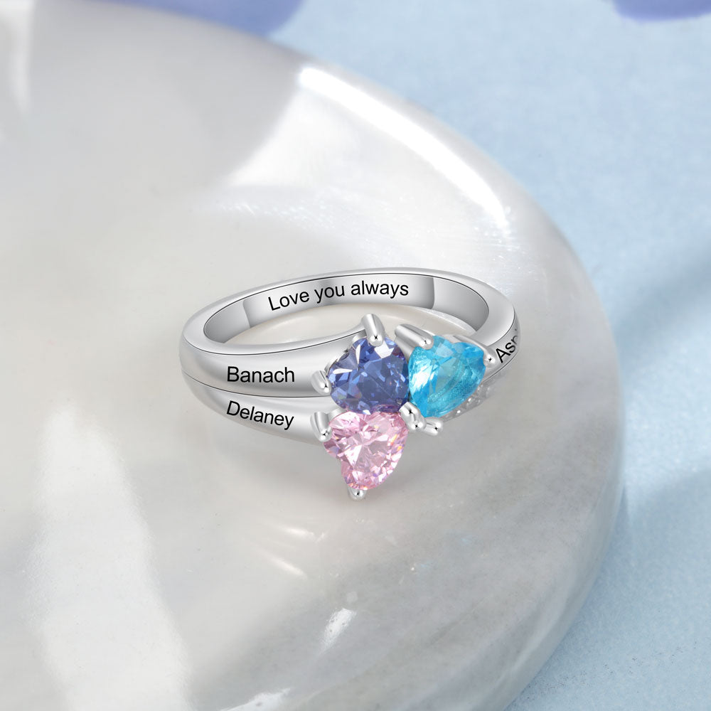 ThinkEngraved Peronalized Ring Mother's Ring 3 Heart Birthstones and 3 Engraved Names