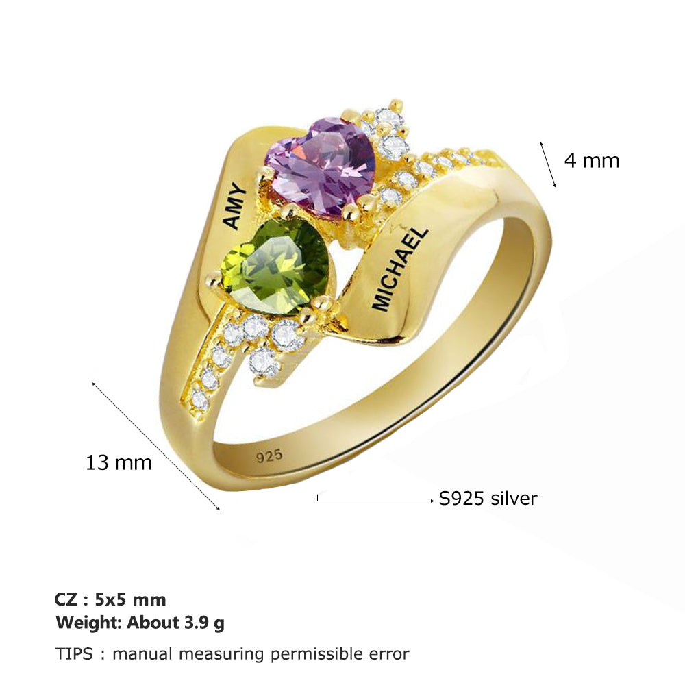 ThinkEngraved Peronalized Ring Personalized 2 Birthstone Gold Mothers Ring - Classic Heart Birthstones 2 Names