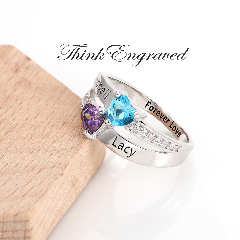 ThinkEngraved Peronalized Ring Personalized 2 Birthstone Mother's Ring Elegant Hearts 2 Engraved Names