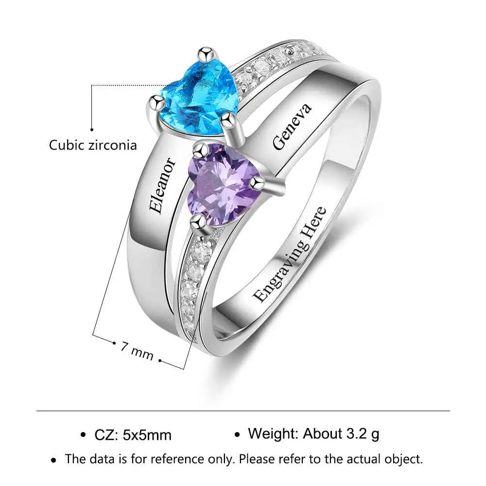 ThinkEngraved Peronalized Ring Personalized 2 Birthstone Mother's Ring Elegant Hearts 2 Engraved Names