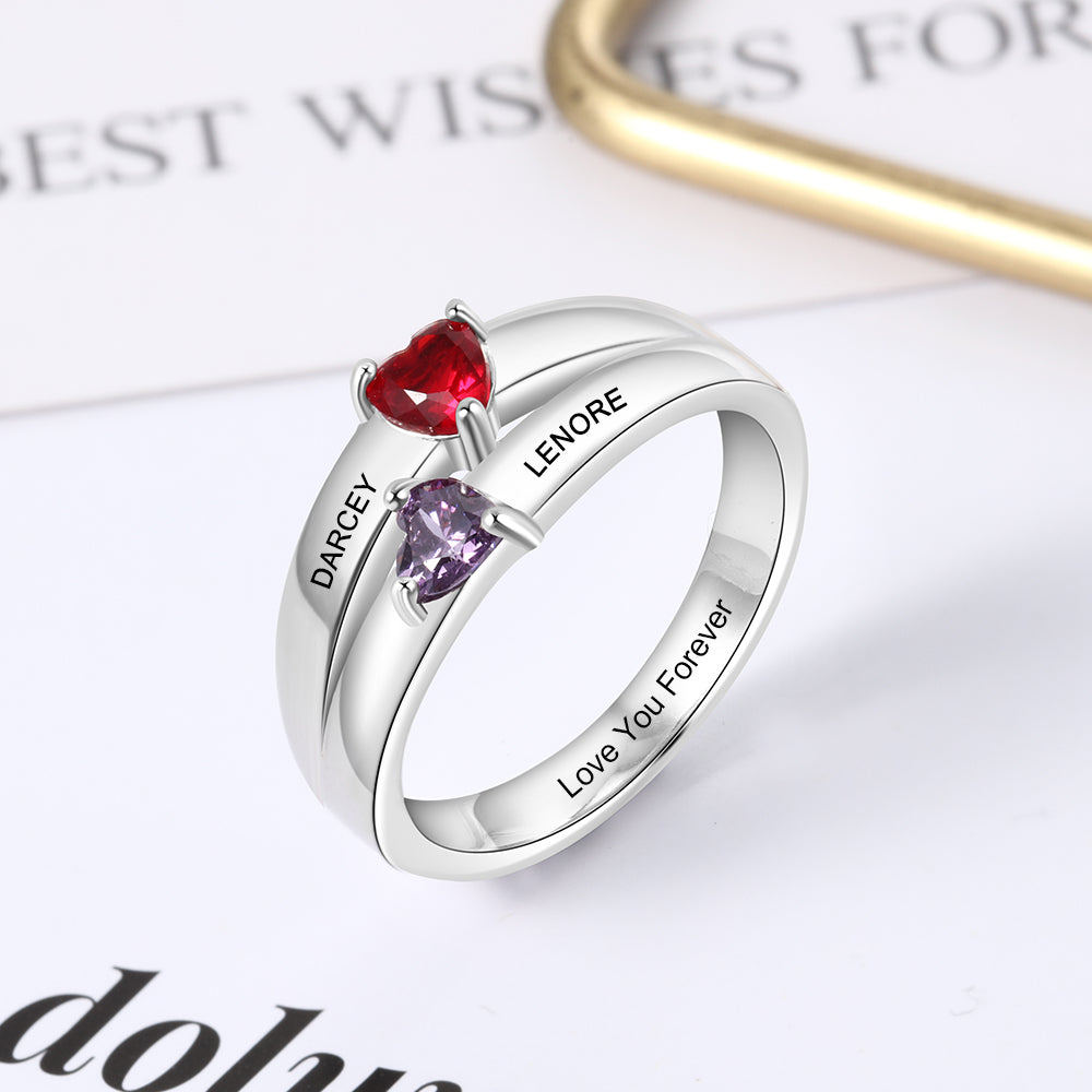 ThinkEngraved Peronalized Ring Personalized 2 Birthstone Mother's Ring Reaching Hearts 2 Engraved Names