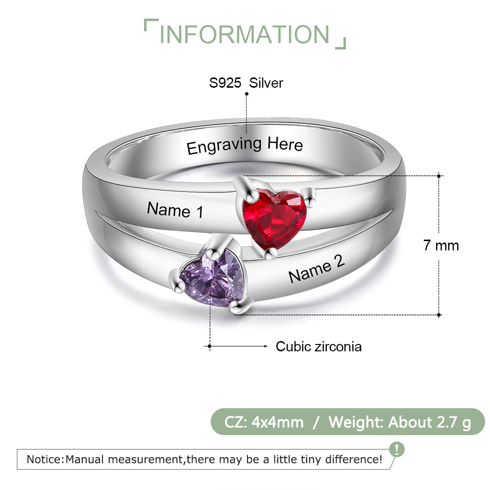 ThinkEngraved Peronalized Ring Personalized 2 Birthstone Mother's Ring Reaching Hearts 2 Engraved Names