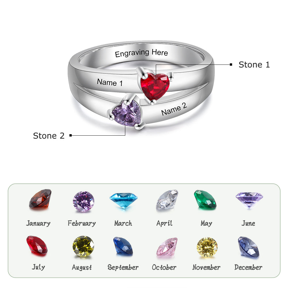 ThinkEngraved Peronalized Ring Personalized 2 Birthstone Mother's Ring Reaching Hearts 2 Engraved Names