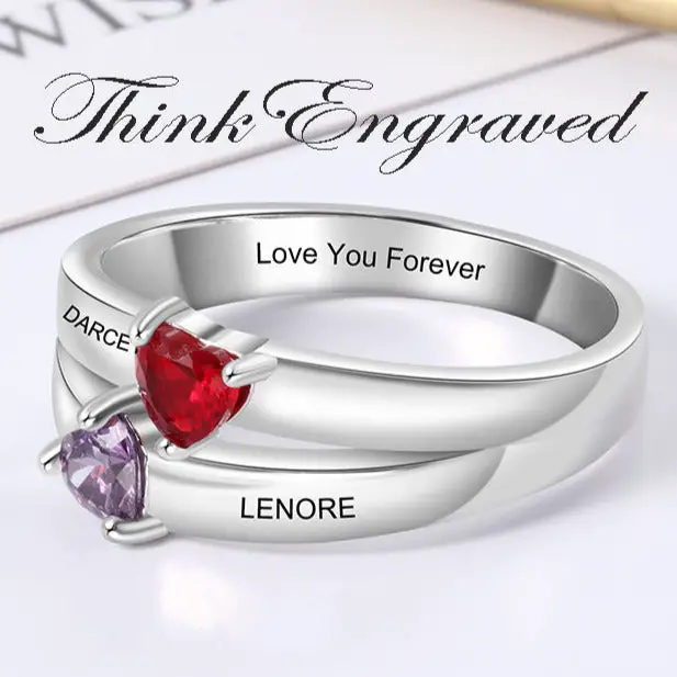 ThinkEngraved Peronalized Ring Personalized 2 Birthstone Mother's Ring Reaching Hearts 2 Engraved Names