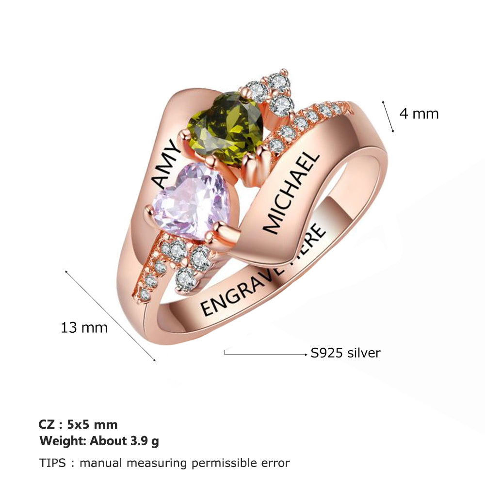 ThinkEngraved Peronalized Ring Personalized 2 Birthstone Rose Gold Mothers Ring - Classic Heart Birthstones 2 Names