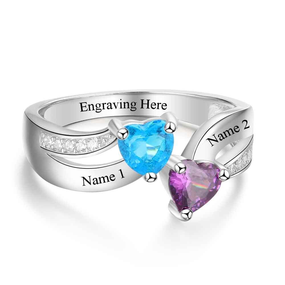 ThinkEngraved Peronalized Ring Personalized 2 Heart Birthstone Mother's Ring Tiered Hearts 2 Names