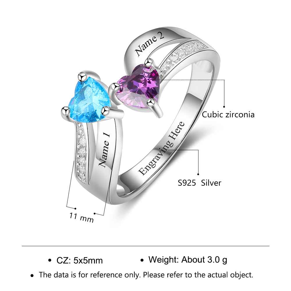 ThinkEngraved Peronalized Ring Personalized 2 Heart Birthstone Mother's Ring Tiered Hearts 2 Names