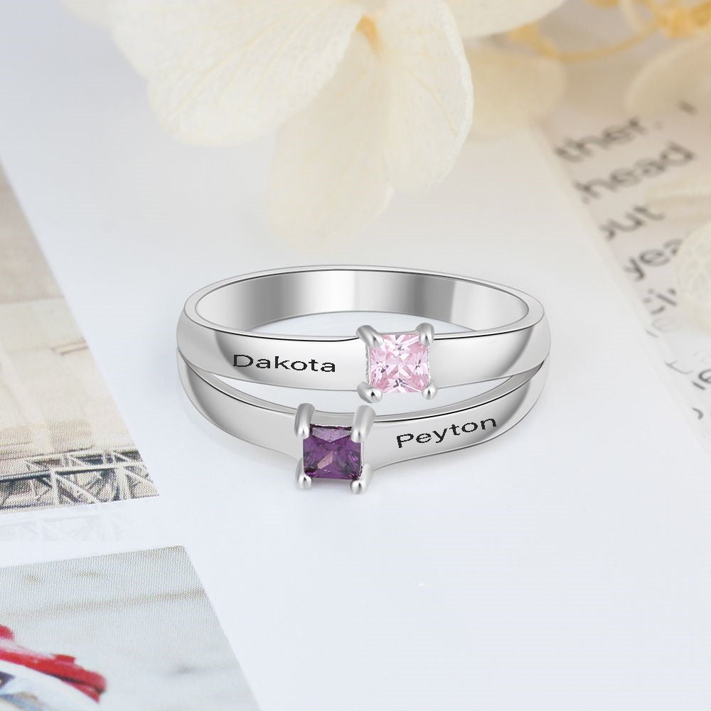 ThinkEngraved Peronalized Ring Personalized 2 Pillow Cut Birthstone Mother's Ring With 2 Engraved Names